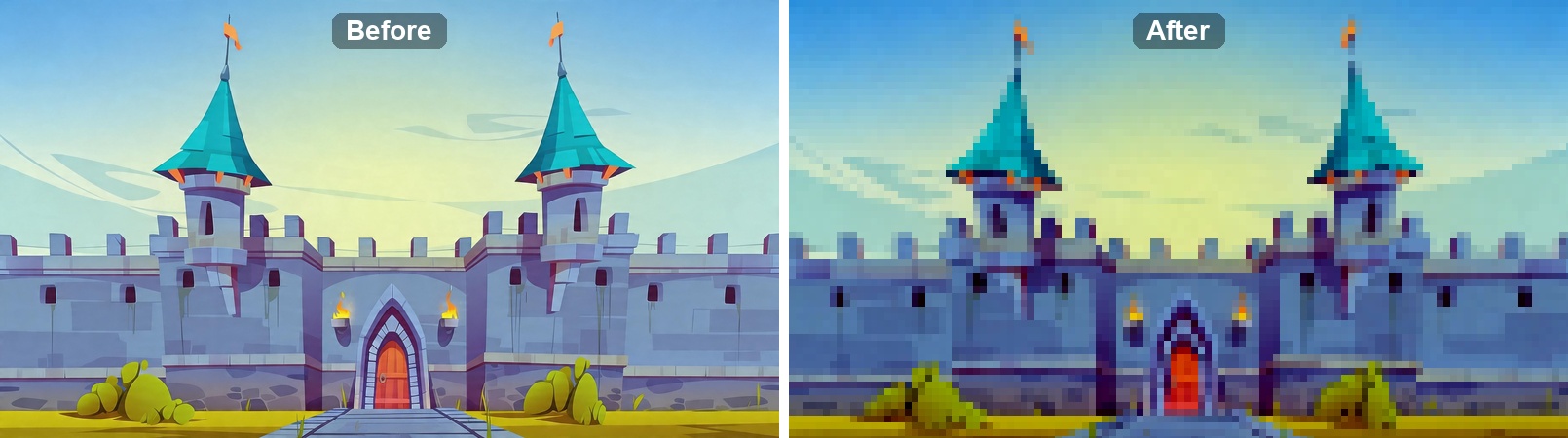 Landscape building before and after pixel art conversion