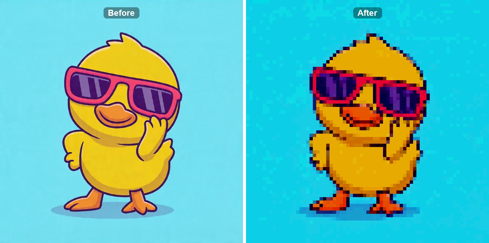 Duck before and after pixel art conversion