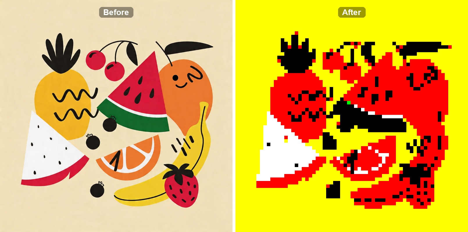 Fruit illustration before and after pixel art conversion