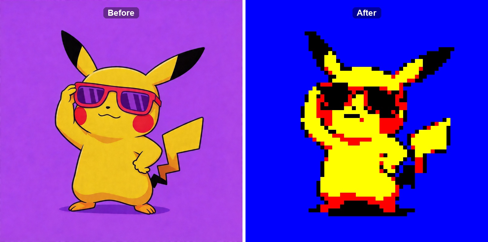 Pikachu before and after pixel art conversion