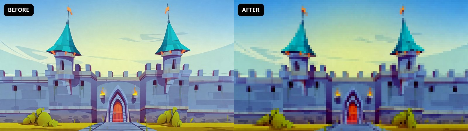 Building facade before and after pixel art conversion