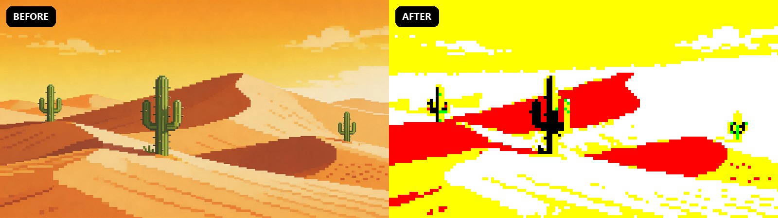 Desert environment before and after pixel art conversion (high contrast)