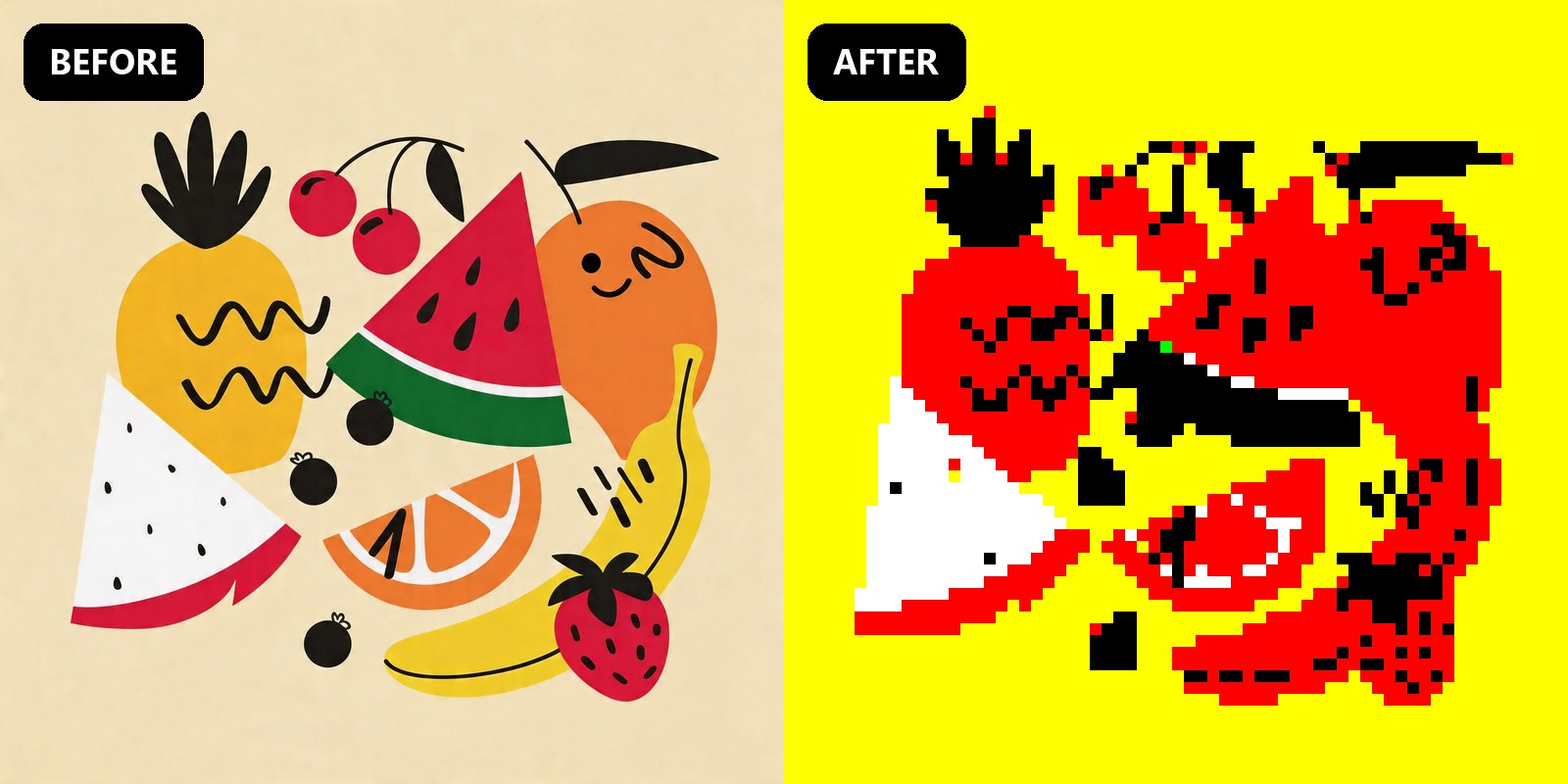 Fruit illustration before and after pixel art conversion