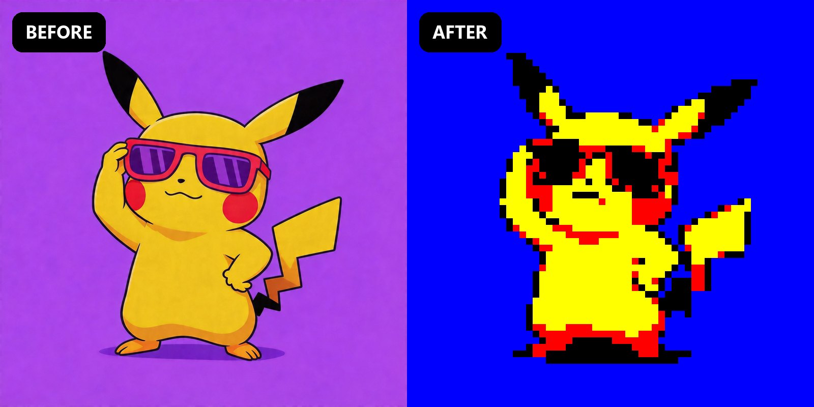 Pikachu character before and after pixel art conversion