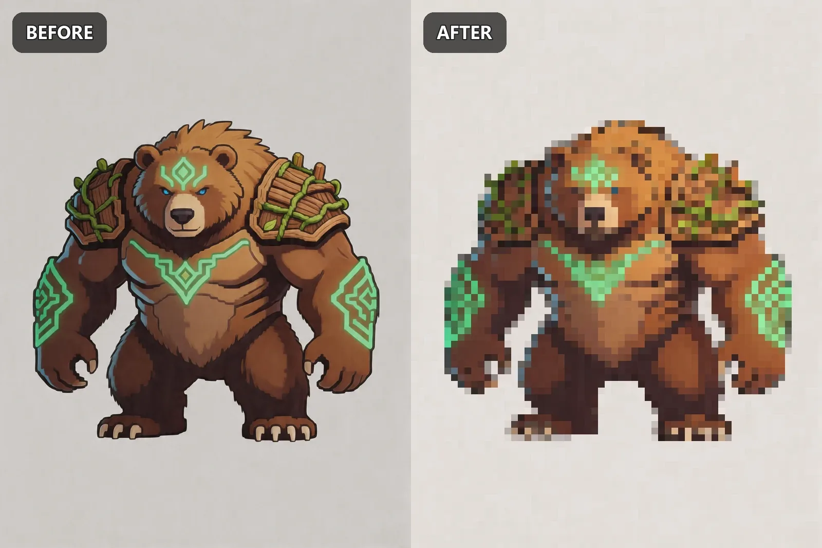 Bear sprite before and after pixel art conversion