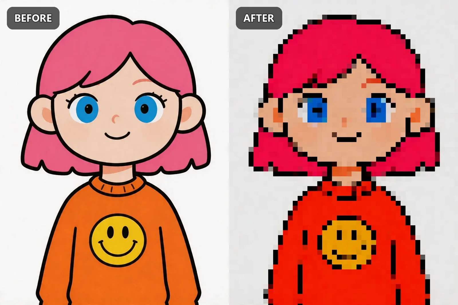 Cartoon before and after pixel art conversion