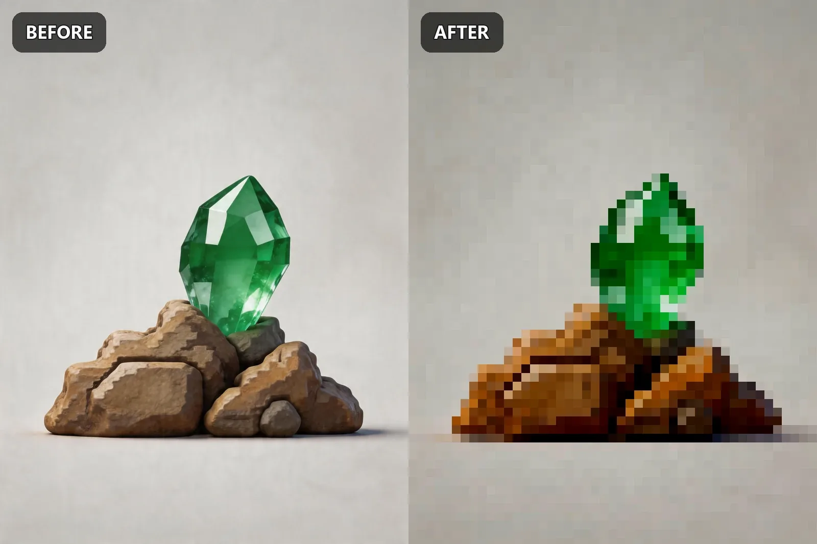 Diamond game assets before and after pixel art conversion