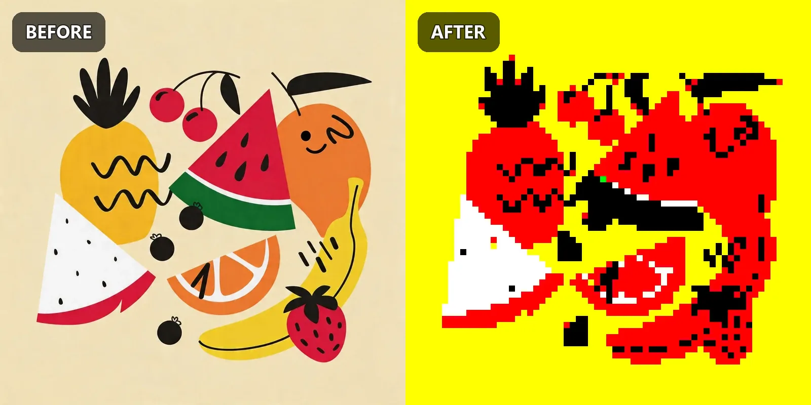 Fruit illustration before and after pixel art conversion