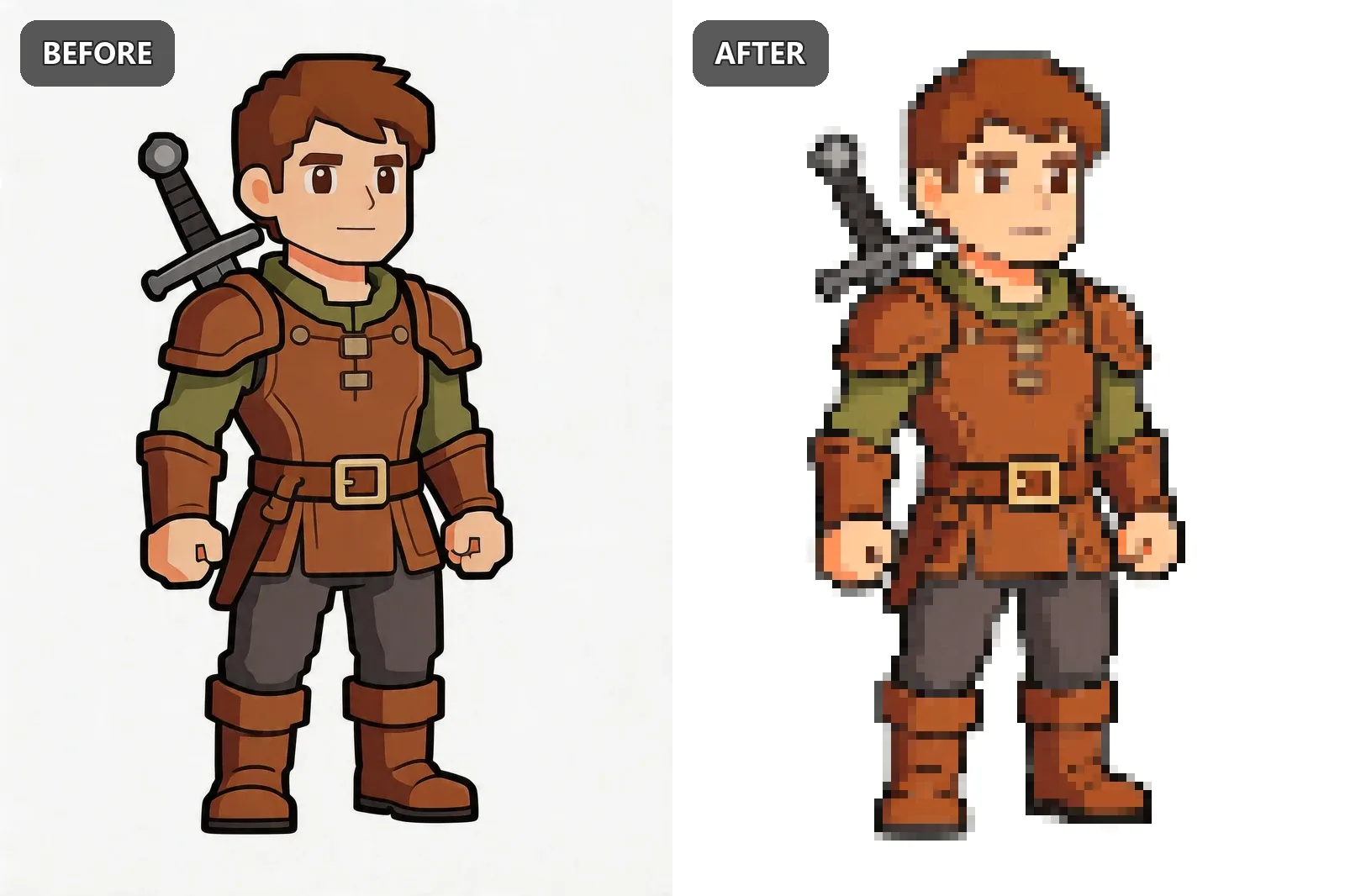 Game sprite avatar before and after pixel art conversion