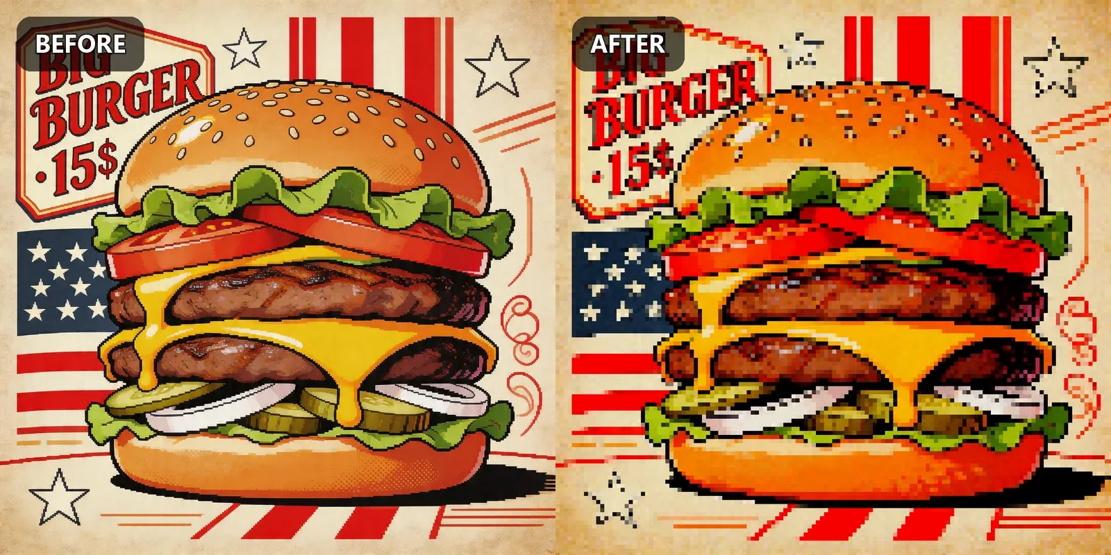Hamburger before and after pixel art conversion