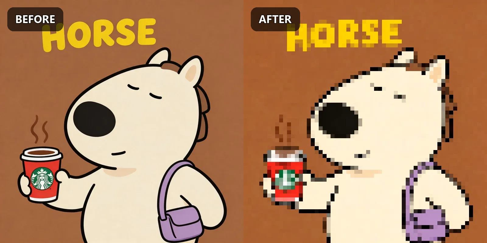 Horse before and after pixel art conversion