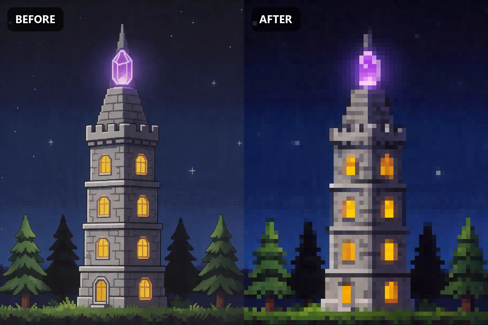 Magic tower before and after pixel art conversion