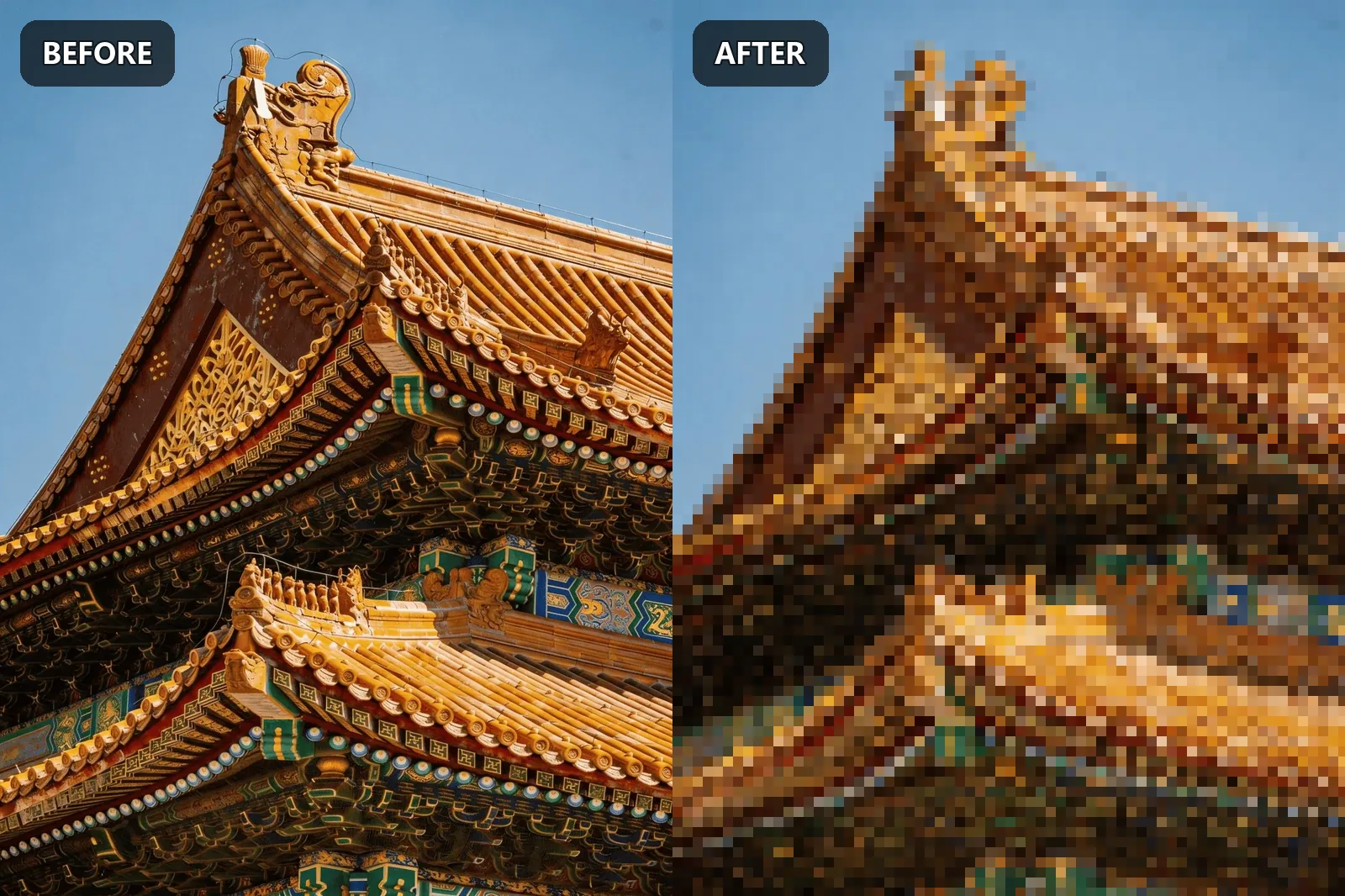 Palace before and after pixel art conversion