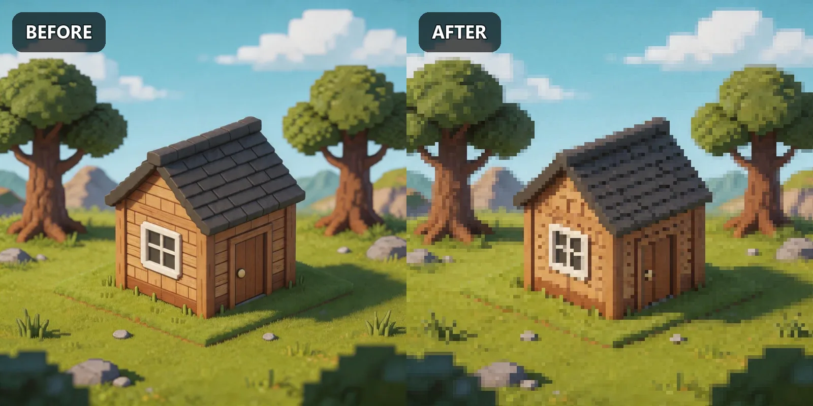 Wooden house before and after pixel art conversion